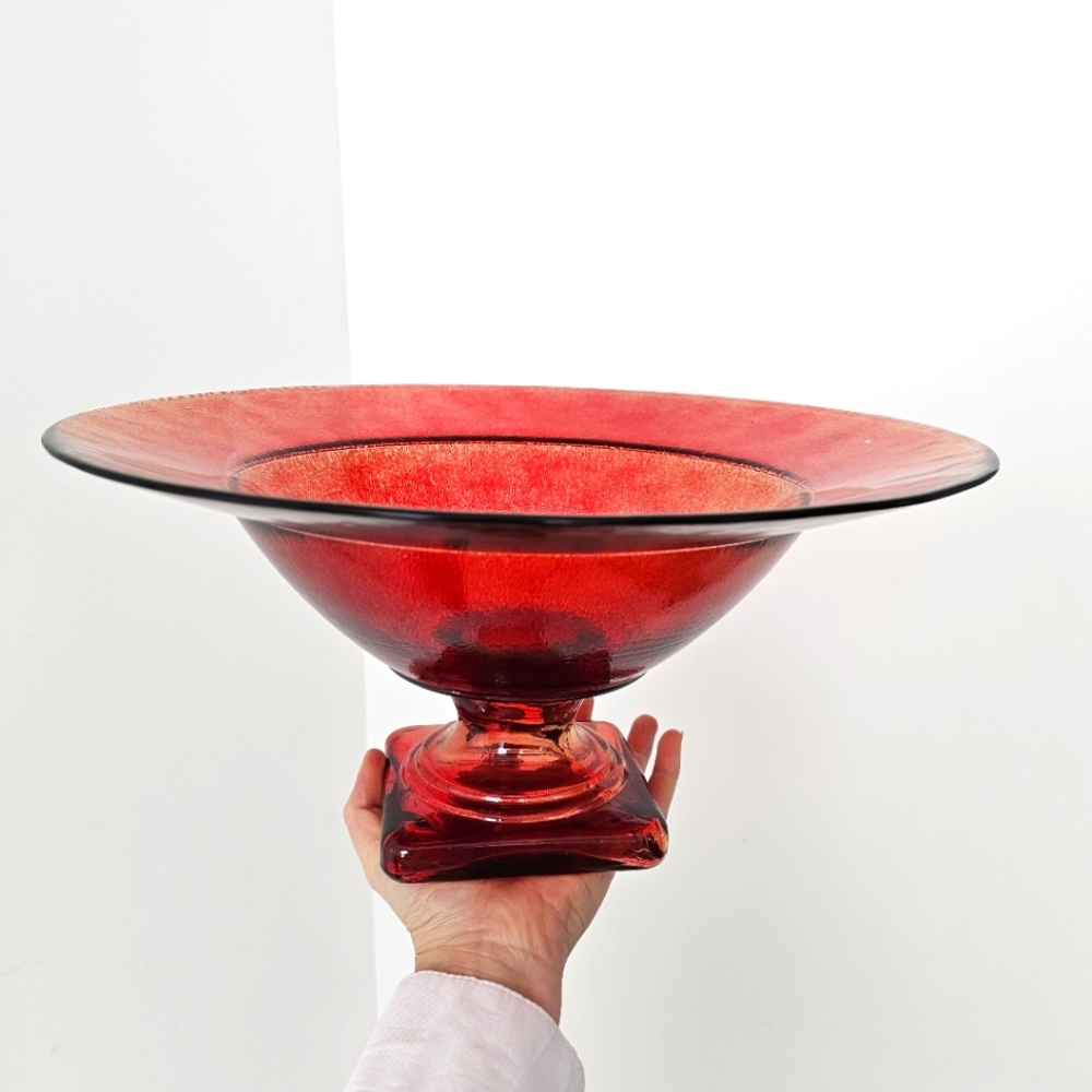 VIDRIOS San Miguel Hand Made In Spain Red Glass Pedestal Centerpiece Footed Bowl